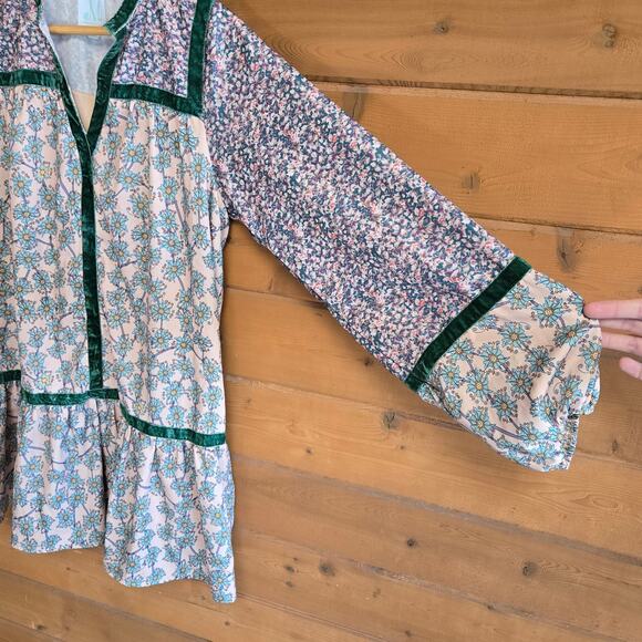 Shop The Mint Abigail Tunic Babydoll Dress Small Floral Boho Prairie Velvet Trim - Picture 4 of 5